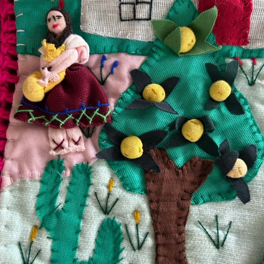 Vintage Handmade Peruvian Arpillera Folk Art Wall Hanging 3D Llama Village Fruit